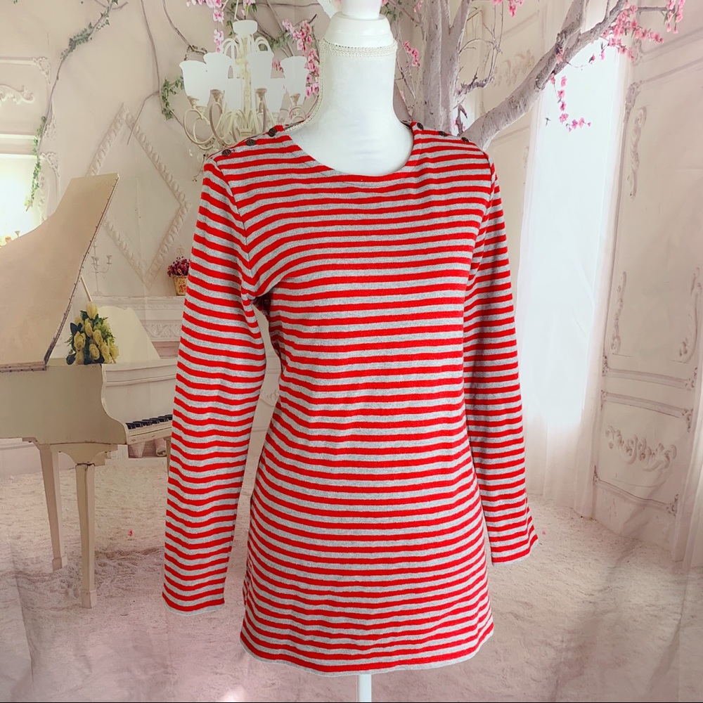 NEW J Jill Red Button Shoulder Striped Blouse